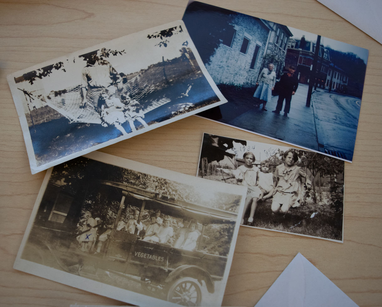 Collage of family photos, including Robert Gump's vegetable cart filled with children. Robert was Rudy's brother