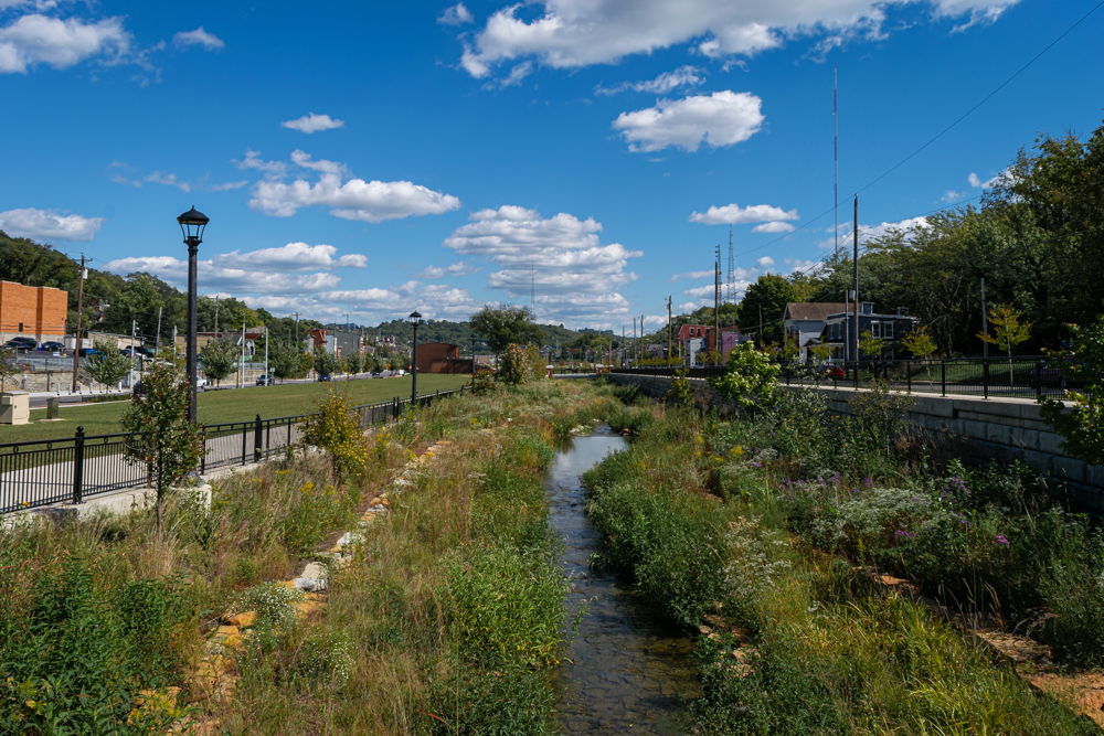 Photo of the Lick Run Greenway stream (narrow part)