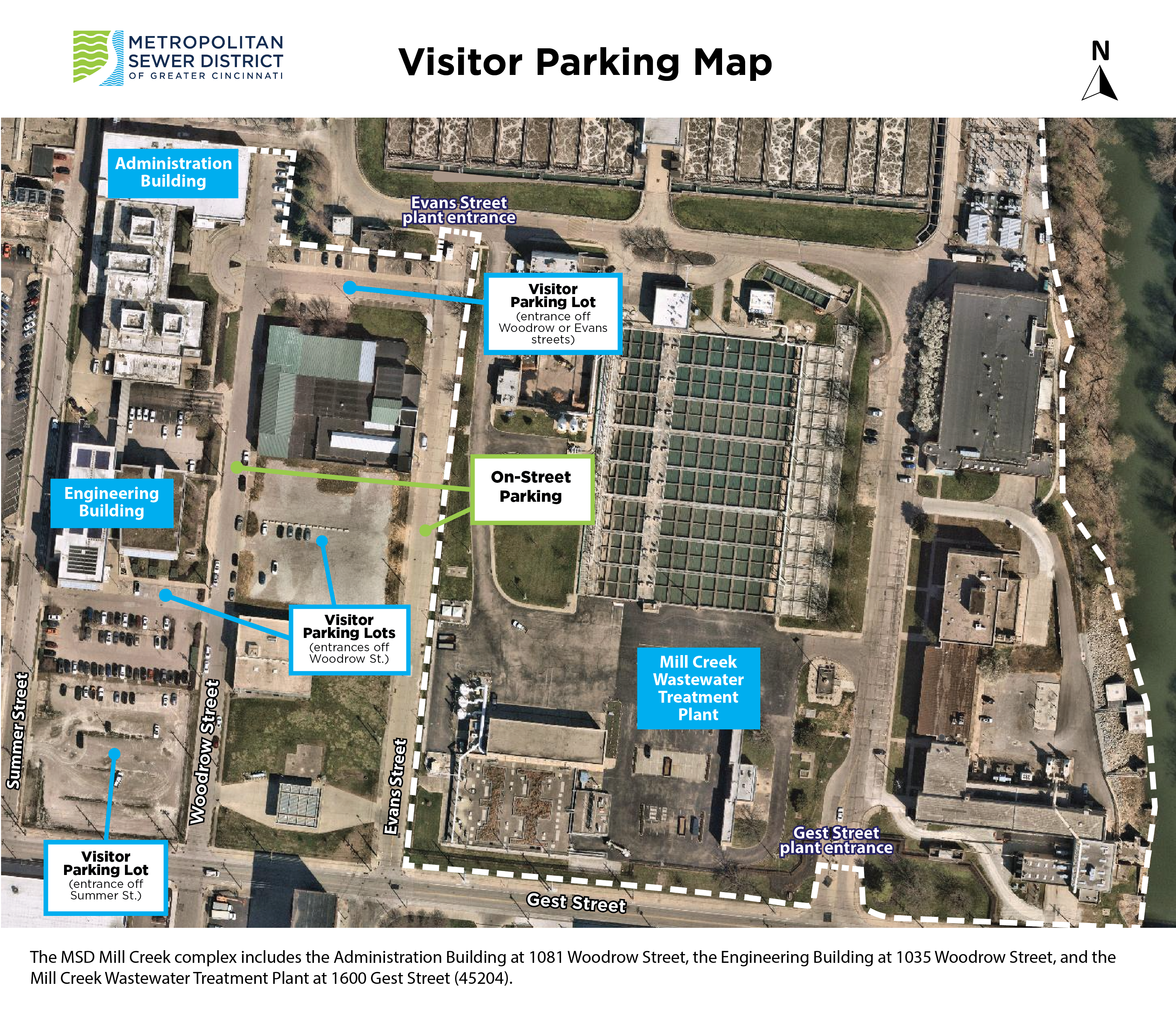 Map showing where to park at the Mill Creek complex